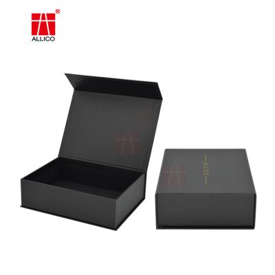 China Reused Cardboard Materials ALLICO Matte Black Flap Lid Packaging Advertised Custom Magnetic Closure Wholesale Gift Box for sale