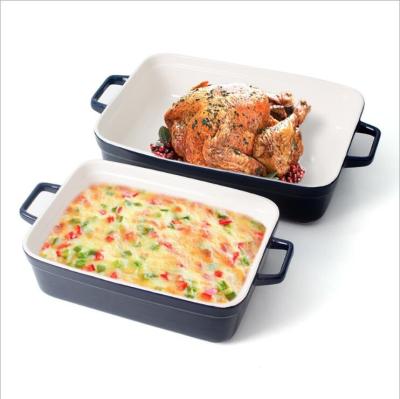 China Sustainable Ceramic Square Double Ear Microwave Oven Plate Rectangular Baking Pan Household Rice Cheese Bowl for sale