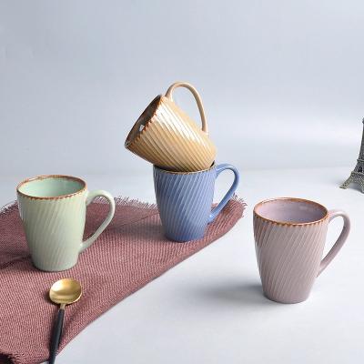 China 16oz Stripe Design Sustainable Wholesale OEM Stoneware Eco Friendly Ceramic Tea Mug for sale