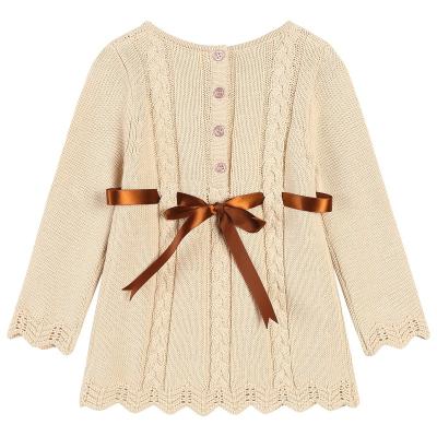 China Anti-wrinkle Girl's Cute Elegant A Line Ribborn around Waist Long Sleeve Crew Neck Button Closure Beige Lace Detail Cable Knit Sweater Dress for sale