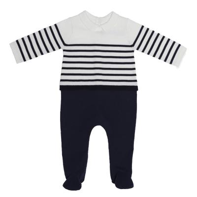 China Anti-Shrink Toddler Boys' Classic Striped Knitted Jumpsuit with Turn-Down Neck Long Sleeve White and Navy Contrast Color 2 - 6 Years for sale