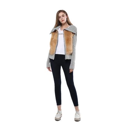 China Anti-pilling Jiuyan Factory Lady Knitwear Sweater Cardigan Fake Fur Zipper Large Neck Collar Long Sleeve for sale