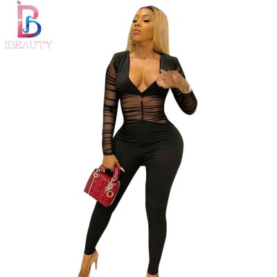 China 2022 Ibeauty Bodycon V-Neck Overalls Black Mesh Jumpsuit One Piece Women QUICK DRY Jumpsuits And Rompers for sale