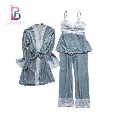 China Ibeauty QUICK DRY dressing gown with calf length pants lace up line quilted nightgown designs women luxury sleepwear and pajamas for sale