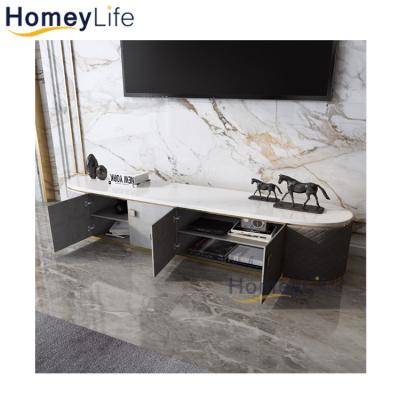 China Modern Home Storage Furniture Glass Marble Top TV Tables Gold Stainless Steel TV Stand Wooden MDF TV Cabinet Rack for sale