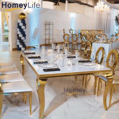 China Modern Luxury Hotel Restaurant Glass Wedding Gold Or Marble Dining Table Stainless Steel 10 Seater Table Sets for sale