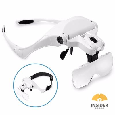 China ABS+ Acrylic Lens Hands Headband 2 LED Free Magnifier 1X 1.5X 2X 2.5X 3.5X Lens 5 Adjustable Interchangeable Head Eye Magnifiers With Lamp for sale