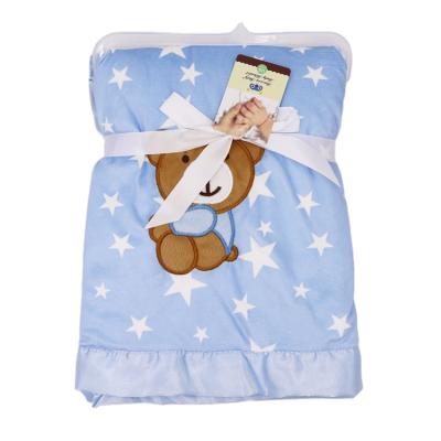 China Thick Folded Fleece Flannel Sherpa Backing Star Print Satin Border Baby Blanket For Winter for sale