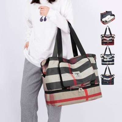 China Fashion Sneaker Foldable Ladies Hand Carry Plaid Colorful Large Capacity Waterproof Weekend Tote Duffle Travel Bag With Shoe Compartment for sale