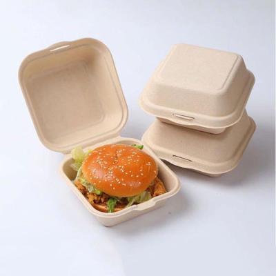 China Disposable Custom Biodegradable Takeout Fries Lunch Fast Food Container 6x6 Inch Bagasse Burger Packaging Sugar Cane Hamburger Box for sale