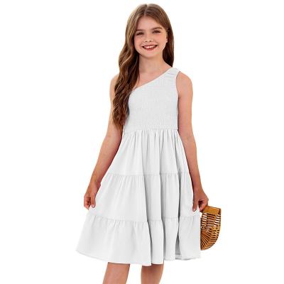 China Washable Children Clothing Wholesales For Girls' Summer One Shoulder Cute Dress with European Solid Color Ruffle Edge Decoration for sale