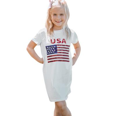 China Washable Classical New Amazon Girls' Cute Dress Summer Short Sleeve Round Neck American Flag Printed Children's Dress girls for sale