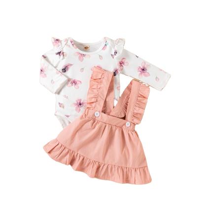 China Autumn Baby Anti-Shrink Skirt Set Full Flower Prints With 3 Piece Baby Clothes Headband for sale