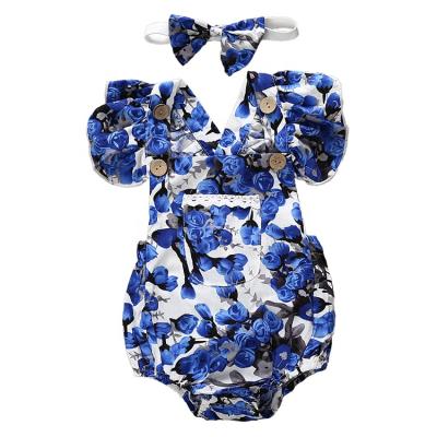 China Blue Floral Belle Sleeves Baby Boutique Organic Short Sleeve Rompers Baby for sale