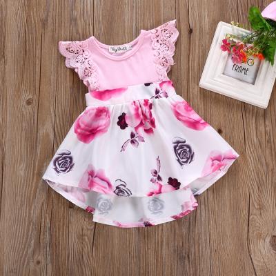 China Wholesale Breathable Baby Boutique Clothing Kids Lace Up Sleeveless Dress Children Fly Sleeve Floral Print Clothes for sale