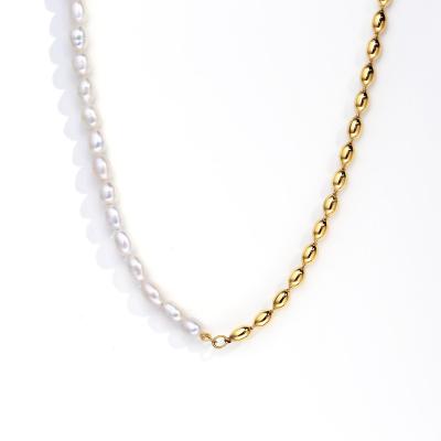 China FASHIONABLE 18K PVD Gold Plated Small Pearl Jewelry Wholesale Half Pearl Chain Stainless Steel Rice Pearl Chain Necklace for sale