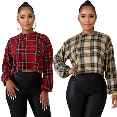 China Newcomer Sustainable Crop Tops Blouses Ladies Long Sleeve Crew Neck Plaid Print Pullover Vintage Women Fashion T-Shirt for sale