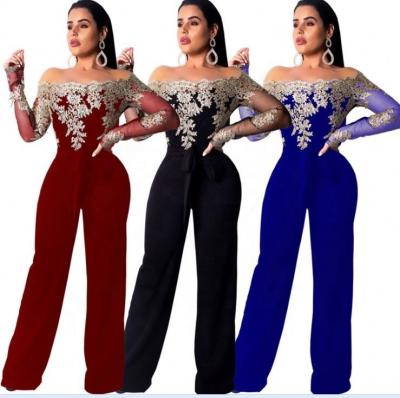 China Anti-pilling S-XL Elegant Office Off The Shoulder Lace Tops Wide Legs Pants Women Office Black Overalls for sale