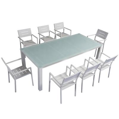 China Weather Furniture Rectangle Restaurant 8pcs Garden Patio Furniture Outdoor Aluminum Outdoor Tempered Glass Dining Table Set for sale