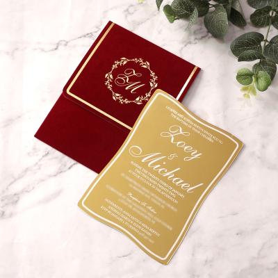 China Europe Customized Luxury Wedding Invitations Gold Mirror Acrylic With White Foil And Velvet Wrap Wedding Invitations Decoration for sale