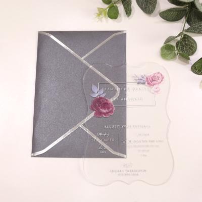 China Europe 5*7 Inches Luxury Silver Wedding Invitations Clear Invitation With Flowers Silver Wedding Invitation Envelope for sale