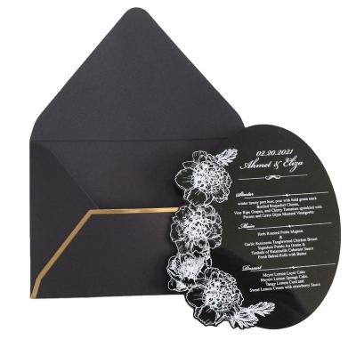 China Europe A5 Size Elegant Black Acrylic Menu Card With White Ink Printing For Party Event for sale