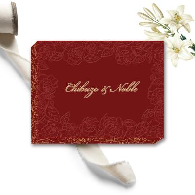 China Europe Gold Luxury Acrylic Mirror Wedding Invitation Card with Burgundy Velvet Fabric Hardcover Book Box and Embossing Logo for sale