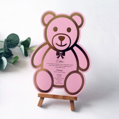 China Europe Die Cut Customized Cute Pink Teddy Bear Paper Menu Card Shape And Words for sale