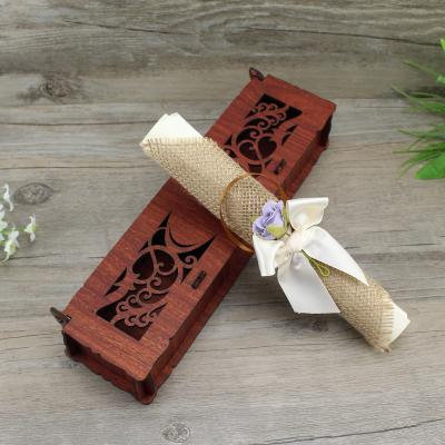 China Europe Chinese Unique Laser Cut Wooden Invitation Card With Ribbon And Flower for sale