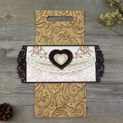 China Europe 2020 Luxury Wood Card Invitations New Design Heart Pattern Wedding for sale