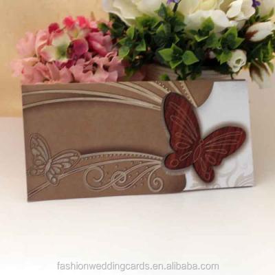 China India Butterfly 2022 Shape Embossing Luxury Wooden Wedding Invitation Cards for sale