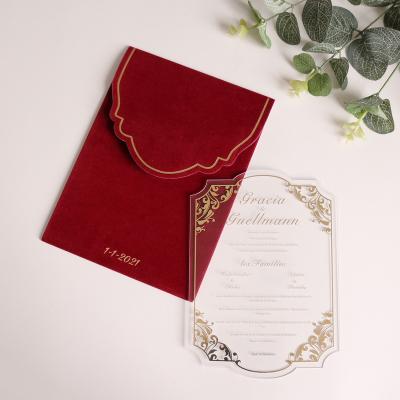 China Wedding Party Event Burgundy Velvet Envelope Clear Acrylic Wedding Card Invitations for sale