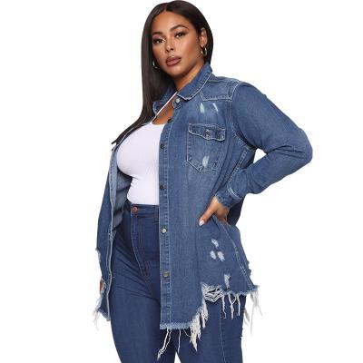 China European and American fashion breathable plus size women's coat cardigan hole washed casual anorak denim coat. for sale