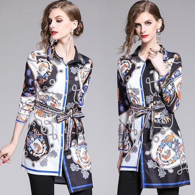 China Breathable Printed Shirt Women European And American Slim Shirt Fashion Shirt Irregular Tops Polo Collar Printed Long Sleeve for sale