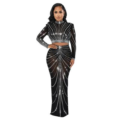 China European and American fashion women's gauze perspective rhinestone long-sleeved dress breathable two-piece suit for sale