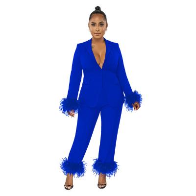 China European and American fashion women's plush V-neck solid color breathable long-sleeved two-piece suit for sale