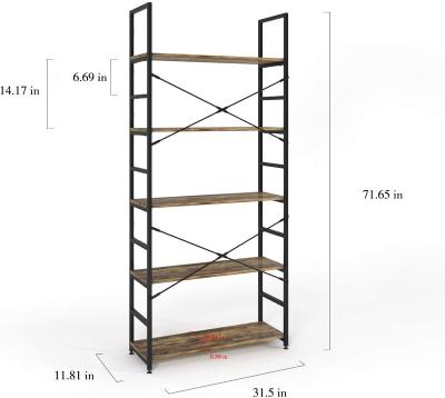 China Strong Industrial Rustic Metal Bookcase Metal Etagere Tall 5 Tier Wood Shelf With Open Shelving Unit for sale