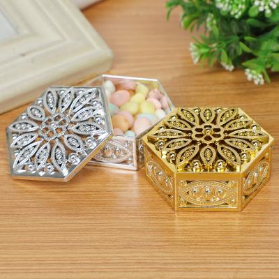 China Plastic Recyclable Sliver Sherazade Dragee Container Hexagon Sharp Plastic Gold Sliver Plastic Sherazade Box for sale