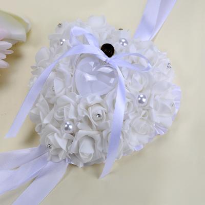 China Unique Romantic Rhinestones Polyester Wedding Ring Pillow Cushion Bearer For Beach 7.9 Inch PE Artificial Flower Wedding Heart Ring Box for sale