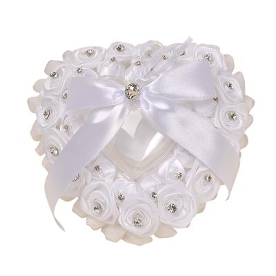 China Unique Romantic Wedding Ring Pillow Cushion Bearer For Beach 7.9 Inches PE Artificial Flower Rhinestone Polyester Wedding Heart Ring Box for sale