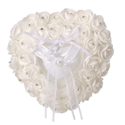 China Unique Romantic Wedding Ring Pillow Cushion Bearer For Beach 7.9 Inch White PE Artificial Flower Ring Pillow Wedding Heart Ring Box for sale