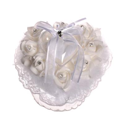 China Unique Romantic Wedding Ring Pillow Cushion Bearer For Beach 7.9 Inch Ring Pillow Lace Crystal Rose White Wedding Heart Ring Box for sale