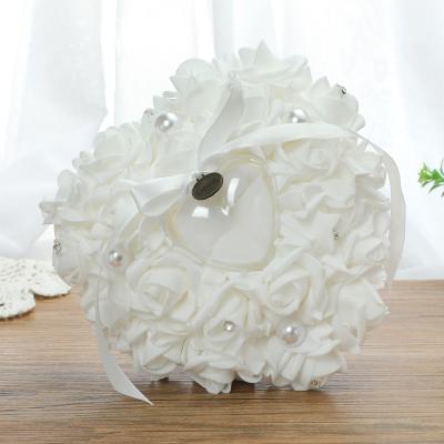 China Unique Romantic Muling's Home Wedding Ring Pillow Cushion Bearer For Beach Ring Pillow Lace Crystal Rose White Wedding Heart Ring Box 7.9 inch for sale