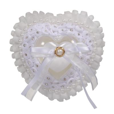 China Unique Romantic Heart Lace Pointed White Pearl Wedding Ring Pillow Cushion Bearer for Beach Wedding Ring Holder 6 inch for sale