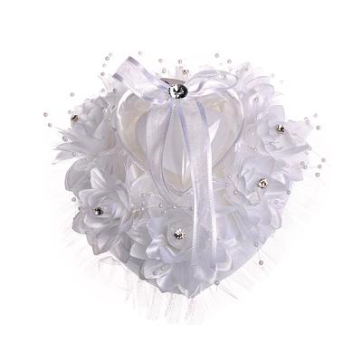 China Unique Romantic White Wedding Ring Pillow Cushion Bearer Heart Shape With Floral Elegant Satin Ring Box For Beach Wedding Ring Holder for sale