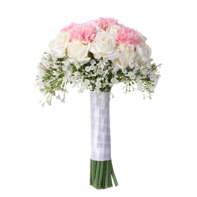 China Single Romantic Rose Flower Faux Rose Bouquet with Handmade Romantic Baby's Breath and Ribbon Bridesmaids Wedding Flower Bouquet 019 for sale