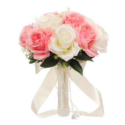 China Unique Romantic Artificial Silk Rose Wedding Flower Bouquet with Rhinestone Stream Bride Bridesmaids Centerpiece Ceremony Birthday for sale