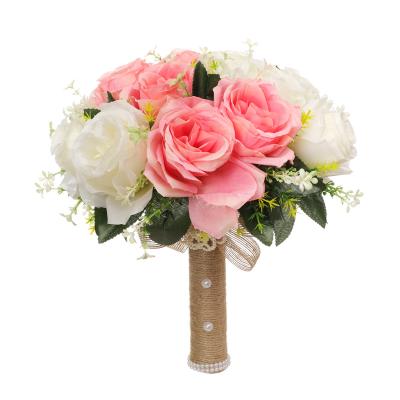 China Decor Unique Romantic Artificial Flower Bridesmaids Centerpiece Wedding Decor Rose Flower Silk Bouquet with Linen Pearl for sale