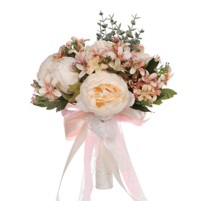 China Artificial Bridesmaids Wedding Unique Romantic Bridal Flower Bouquet Rose Flower Silk Bouquet with Pearl Centerpiece Canvas Decor for sale