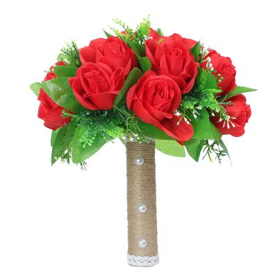 China Unique Romantic Wedding Flower Bouquet Canvas Rope Handle Artificial Bridesmaids Rose Flower Bouquet Centerpiece Bridal Silk Decor for sale